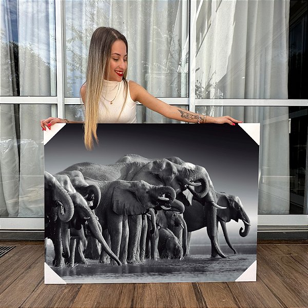 Quadro Decorativo Canvas Animais Manada De Elefantes no Rio Horizontal