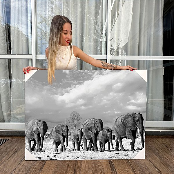 Quadro Decorativo Canvas Animais Manada De Elefantes no Deserto Horizontal