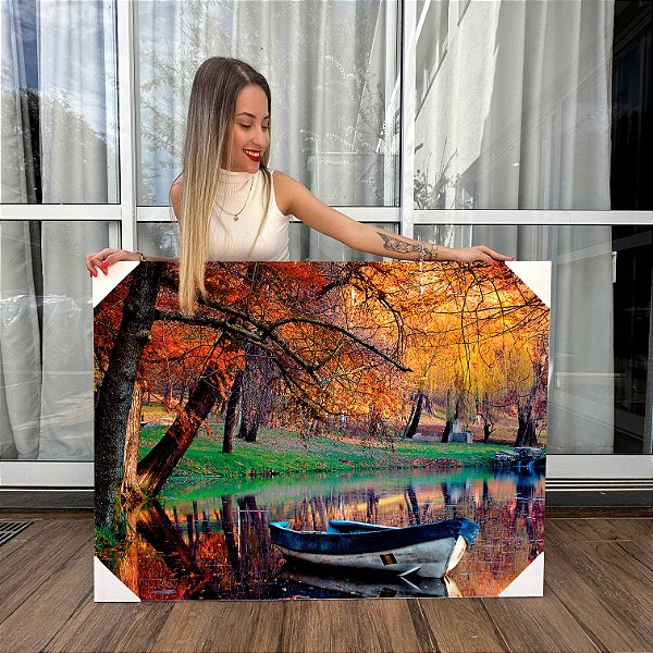 Quadro Decorativo Canvas Floresta Barco no Lago da Floresta Outono Horizontal