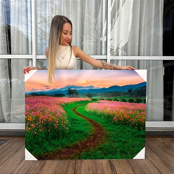 Quadro Decorativo Canvas Caminho no Campo De Flores Céu Azul Horizontal