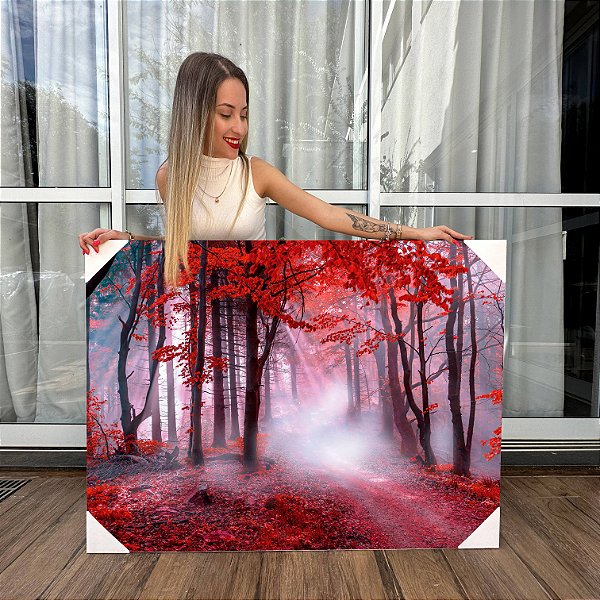 Quadro Decorativo Canvas Bosque Árvores com Folhas Vermelhas Horizontal
