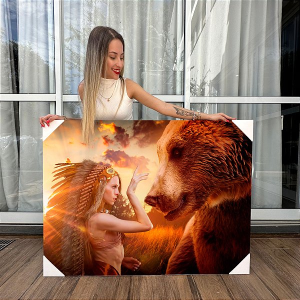 Quadro Decorativo Canvas Abstrato Índia e Urso Horizontal