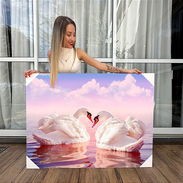 Quadro Decorativo Canvas Romântico Casal de Cisne Branco em Lago Horizontal