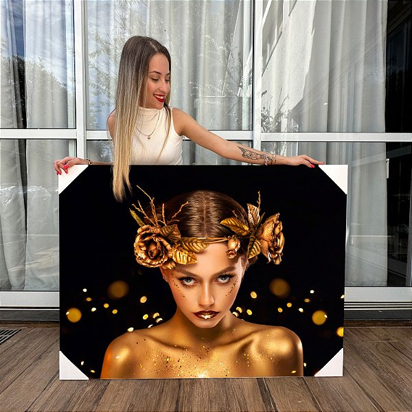 Quadro Decorativo Canvas Face Mulher Dourada com Flores Luxo Horizontal
