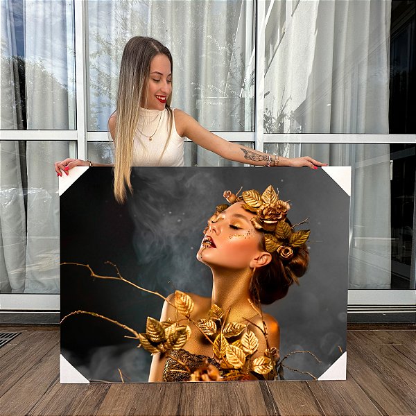 Quadro Decorativo Canvas Mulher Dourada com Flores Woman Gold Horizontal