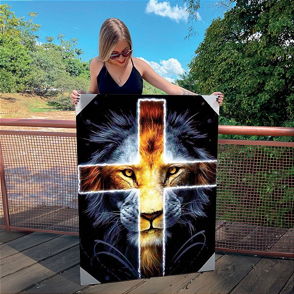 Quadro Decorativo Canvas Religioso Arte Asbstrata Face do Leão de Judá em Cruz Horizontal