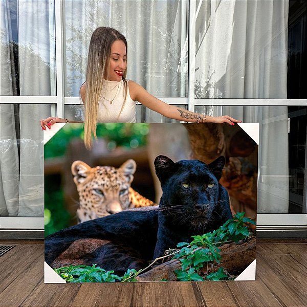Quadro Decorativo Canvas Animais Silvestres Leopardo e Pantera Negra Floresta Horizontal