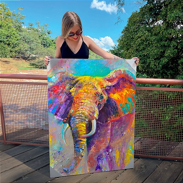 Quadro Decorativo Canvas Pintura Artística Elefante Colorido Abstrato Vertical