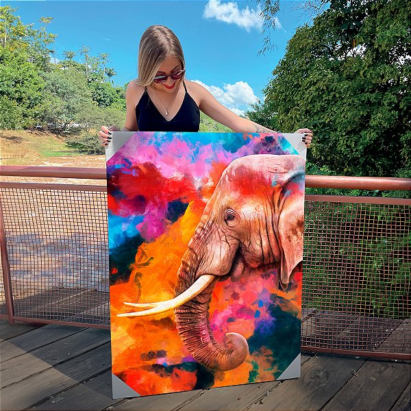 Quadro Decorativo Canvas Elefante Face Colorido Vertical