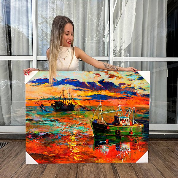 Quadro Decorativo Canvas Pintura Abstrata Barcos Pôr do Sol no Mar Horizontal