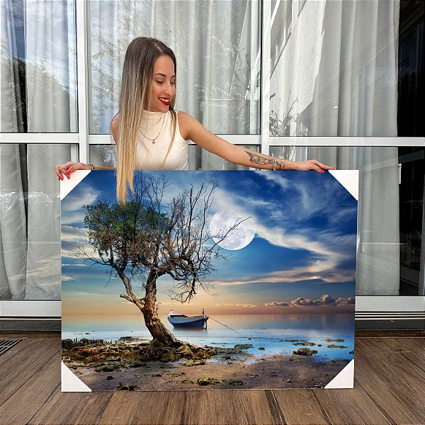 Quadro Decorativo Canvas Paisagem com Barco ao Luar no Rio Horizontal