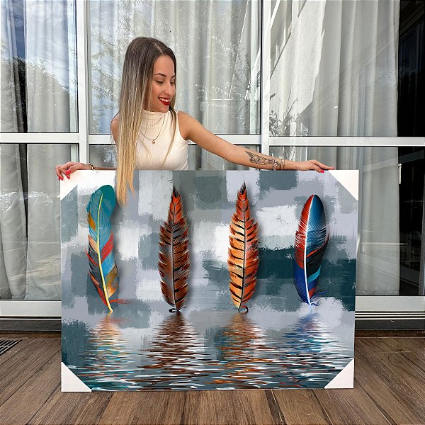 Quadro Decorativo Canvas Arte Abstrata de Penas Coloridas na Água Horizontal