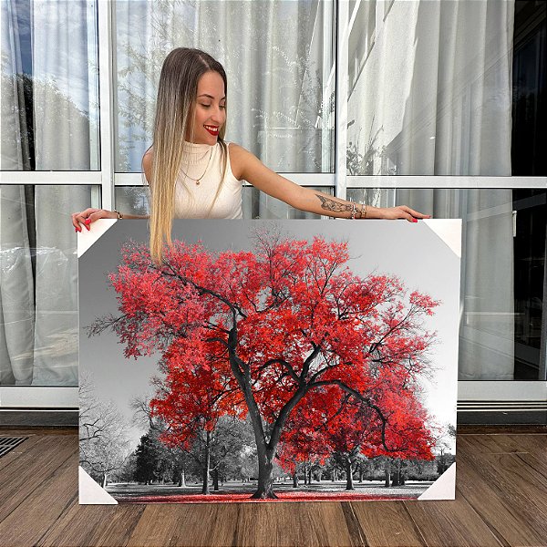 Quadro Decorativo Canvas Cerejeira Vermelha em Flor Horizontal