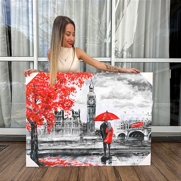 Quadros Decorativos Canvas Londres Casal Na Chuva Big Ben Horizontal