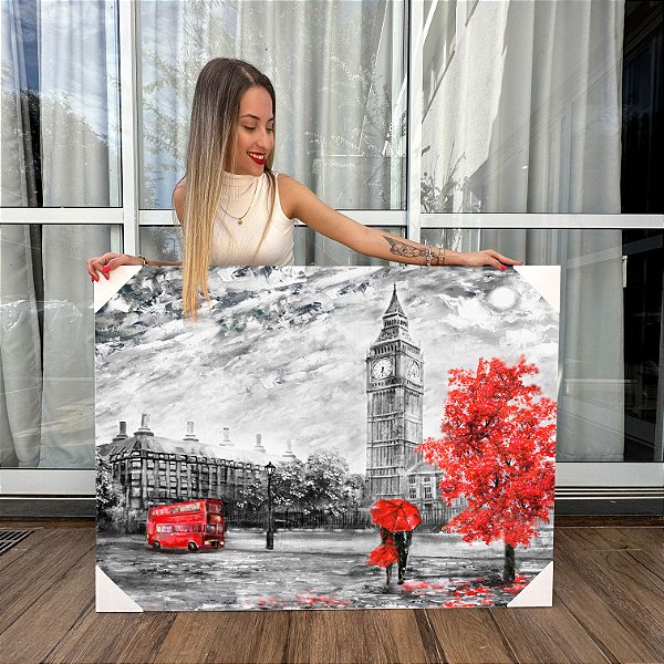 Quadros Decorativos Canvas Londres Casal Na Chuva Big Ben Vermelho Horizontal