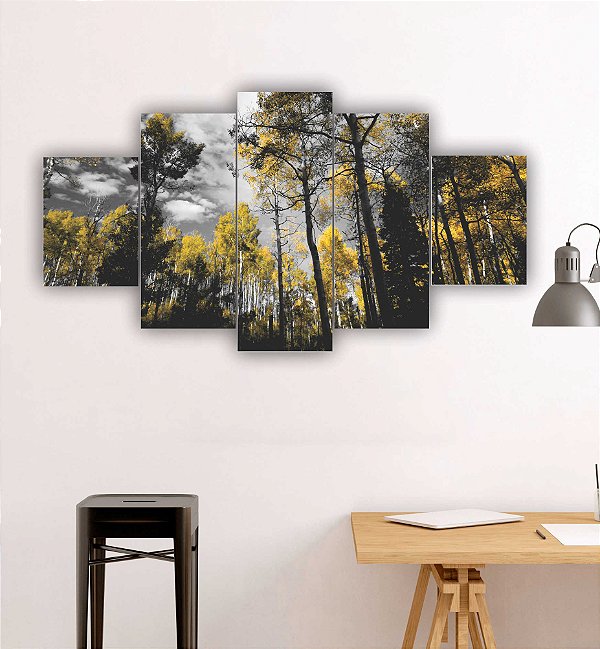 Quadros Decorativos Mosaico 5 peças Floral Floresta Árvores Botânico Ipês Amarelos 115x60cm