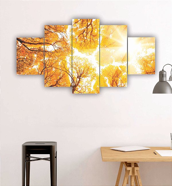 Quadros Decorativos Mosaico 5 peças Floral Árvores Ipês Amarelos Amanhecer 115x60cm