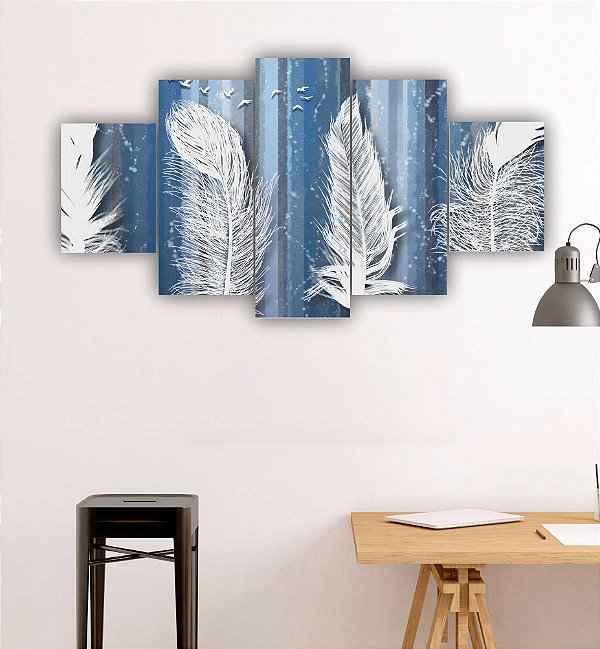 Quadros Decorativos Mosaico 5 peças Arte Abstrata Penas Paisagem Glacial Azul 115x60cm
