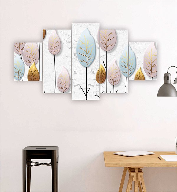 Quadros Decorativos Mosaico 5 peças Folha e Galhos Coloridos 115x60cm
