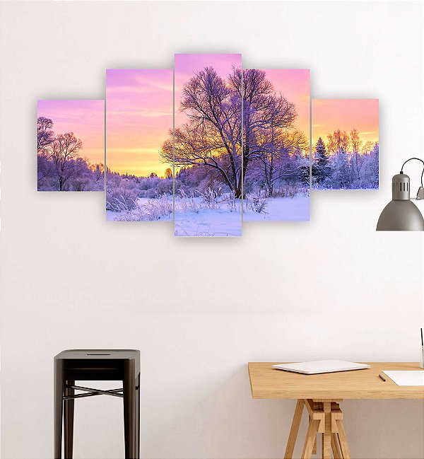 Quadros Decorativos Mosaico 5 peças Floresta Entardecer na Neve 115x60cm