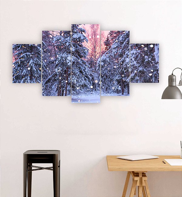 Quadros Decorativos Mosaico 5 peças Floresta Por do Sol na Neve 115x60cm