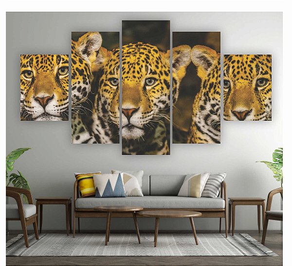 Quadros Decorativos Mosaico 5 peças Família de Onças Pintadas 115x60cm