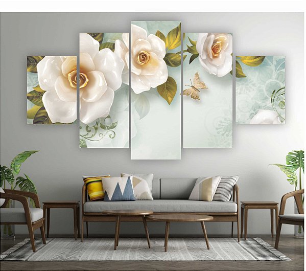 Quadros Decorativos Mosaico 5 peças Floral Flor Rosas Brancas 115x60cm