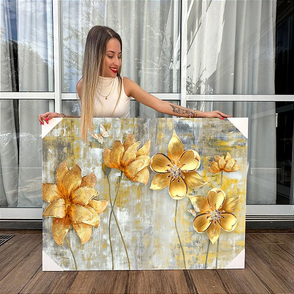 Quadro Decorativo Canvas Flores Douradas Horizontal