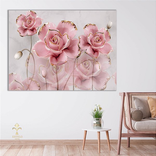 Quadro Decorativo Canvas Floral Rosas Golden Pink Flores Horizontal