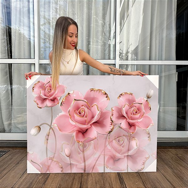 Quadro Decorativo Canvas Floral Rosas Golden Pink Flores Horizontal