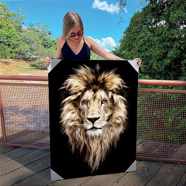 Quadro Decorativo Canvas Animais Silvestres Leão de Judá Dourado Vertical