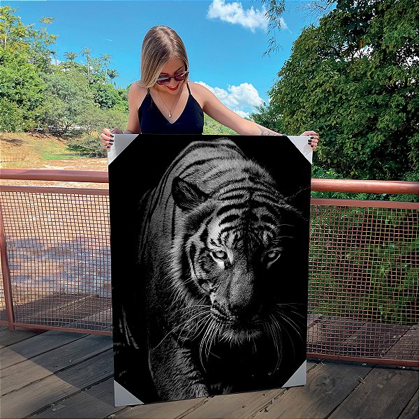 Quadro Decorativo Canvas Animais Silvestres Tigre Caçador Preto e Branco Vertical