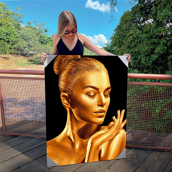 Quadro Decorativo Canvas Rosto Feminino Dourado Olhos Fechados Vertical