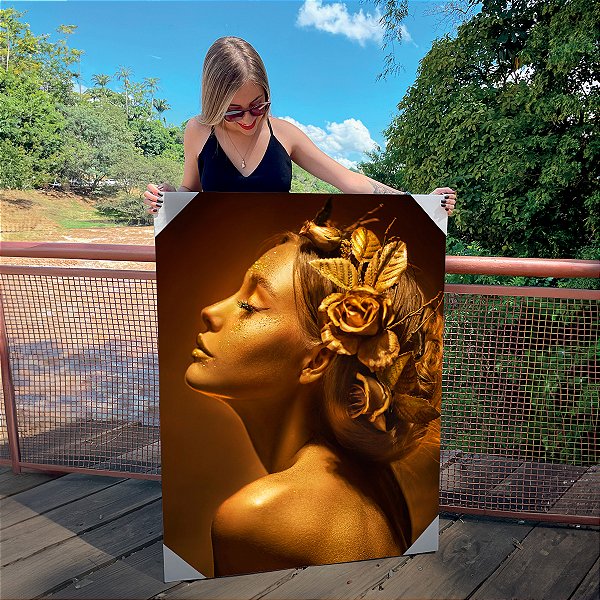 Quadro Decorativo Canvas Rosto Feminino Dourado Perfil Rosas no Cabelo Vertical