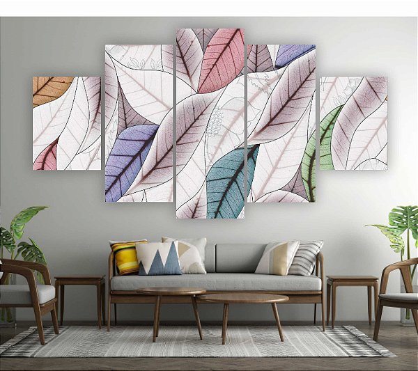 Quadros Decorativos Mosaico 5 peças Folhas Coloridas 115x60cm