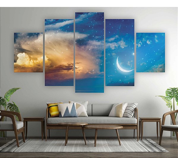 Quadros Decorativos Mosaico 5 peças Céu Anoitecer Lua 115x60cm