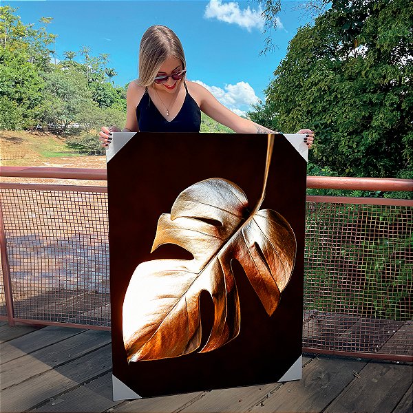 Quadro Decorativo Canvas Folhas Costela De Adão Dourada Fundo Preto Vertical