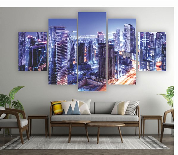 Quadros Decorativos Mosaico 5 peça Paisagem Urbana Noturna de Dubai 115x60cm