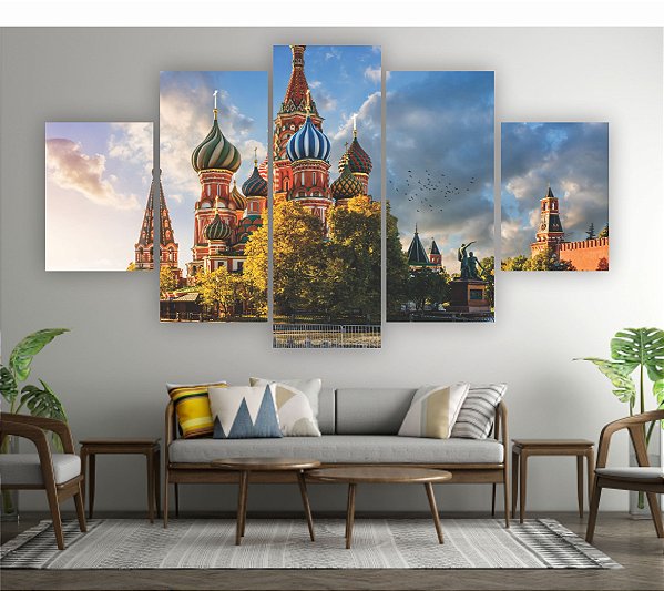 Quadros Decorativos Mosaico 5 peça  Igreja Catedral de São Basílio ortodoxa russa  Praça Vermelha Moscou 115x60cm