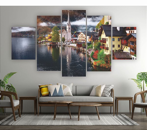 Quadros Decorativos Mosaico 5 peça Hallstatt Vilarejo nos Alpes Áustria 115x60cm
