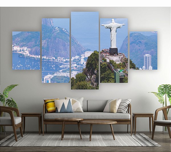 Quadros Decorativos Mosaico 5 peça Cristo Redentor Alto do morro do Corcovado Rio Janeiro 115x60cm