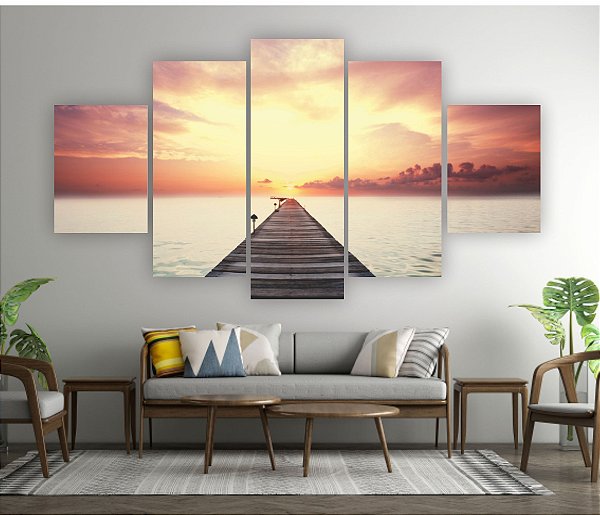 Quadros Decorativos Mosaico 5 peça Paisagem Pier Mar Por do Sol Entardecer 115x60cm