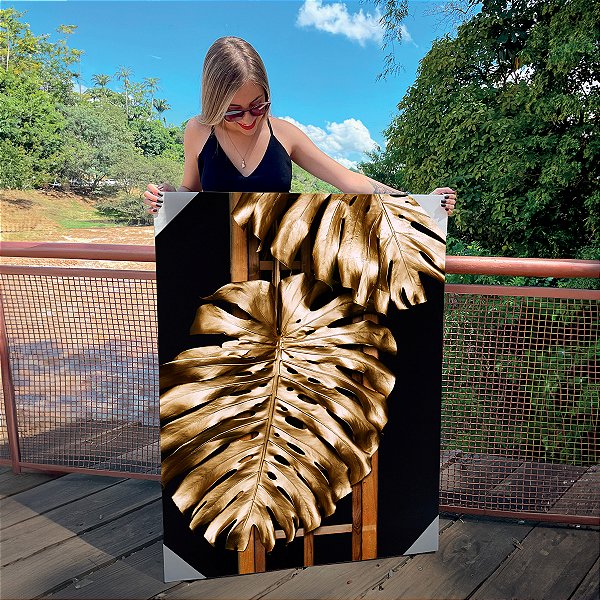 Quadro Decorativo Canvas Folhas Costela de Adão Douradas Preto Gold Ouro Vertical