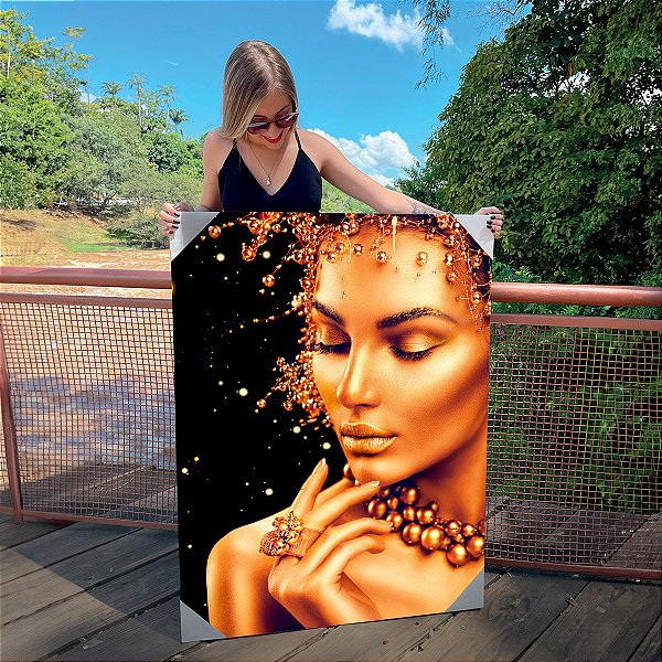 Quadro Decorativo Canvas Mulher com Maquiagem Dourada Ouro Gold e Joias Horizontal