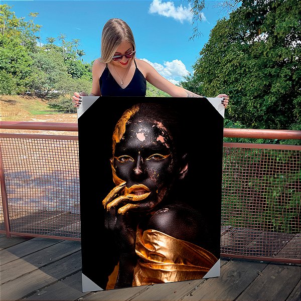 Quadro Decorativo Canvas Mulher com Maquiagem Preta e Dourada Ouro Gold Vertical