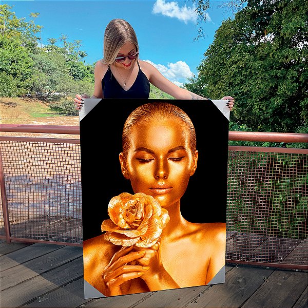 Quadro Decorativo Canvas Mulher com Maquiagem Dourada Ouro Gold