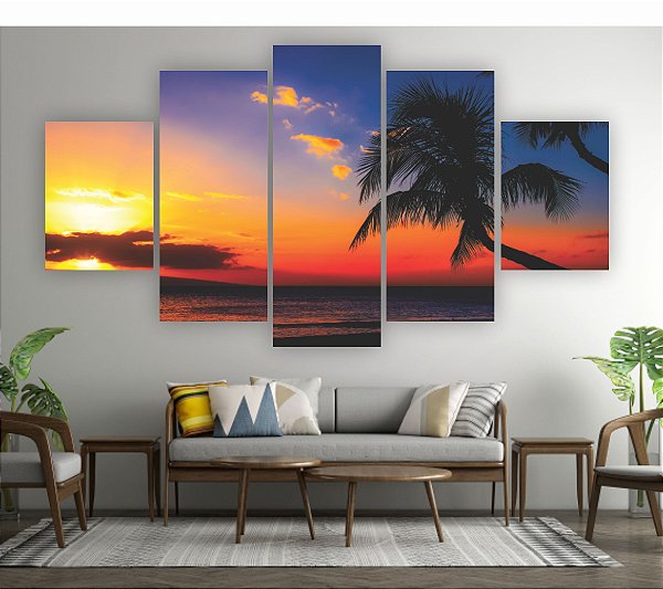 Quadros Decorativos Mosaico 5 Peça Entardecer Por Do Sol Paisagem Praia Mar 115x60cm Estilo 