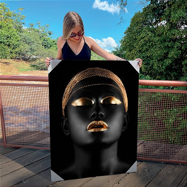 Quadro Decorativo Canvas Beleza Feminina Mulher Com Maquiagem Black Gold e Turbante Gold Vertical