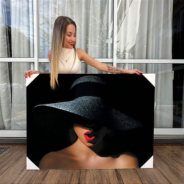 Quadro Decorativo Canvas Mulher Beleza Feminina Rosto Misterioso Chapéu Preto Horizontal