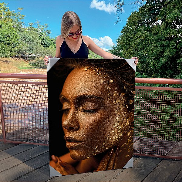 Quadro Decorativo Canvas Mulher Beleza Feminina Maquiagem Brilho Gold Shine Vertical